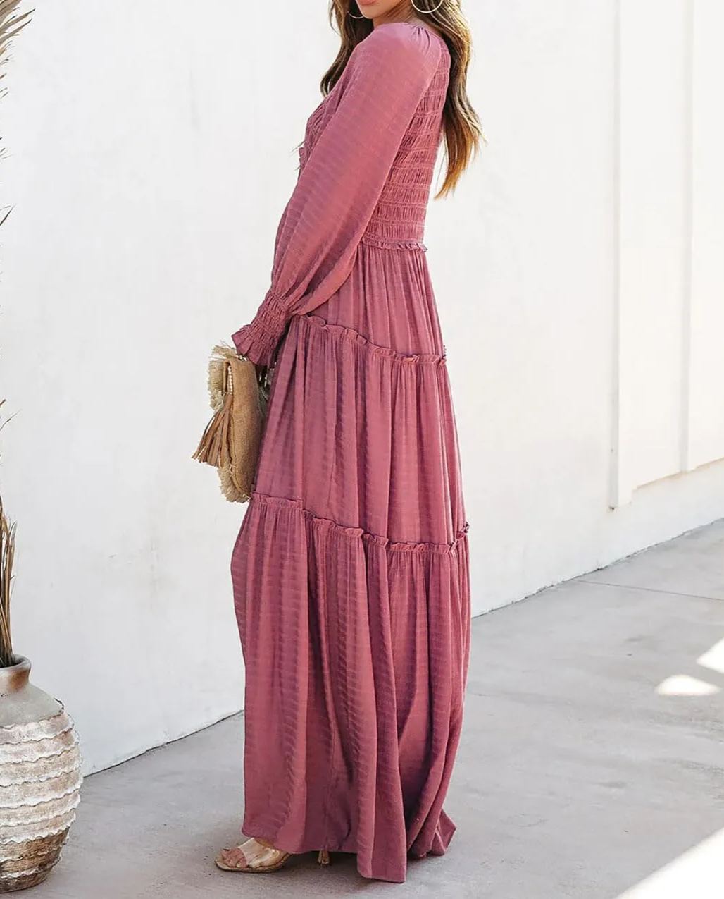 Women's Long Sleeve V Neck Boho Flowy Maxi Dresses