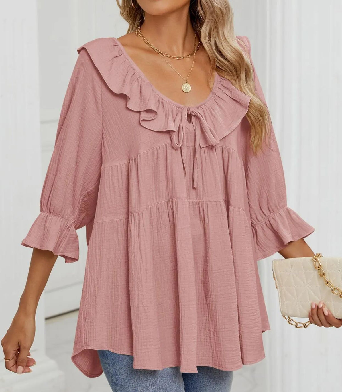 Women's 3/4 Sleeve Tie-Front Ruffled Babydoll Blouse