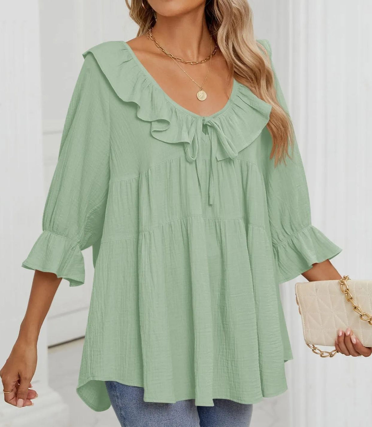 Women's 3/4 Sleeve Tie-Front Ruffled Babydoll Blouse