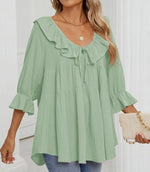 Women's 3/4 Sleeve Tie-Front Ruffled Babydoll Blouse