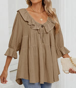 Women's 3/4 Sleeve Tie-Front Ruffled Babydoll Blouse