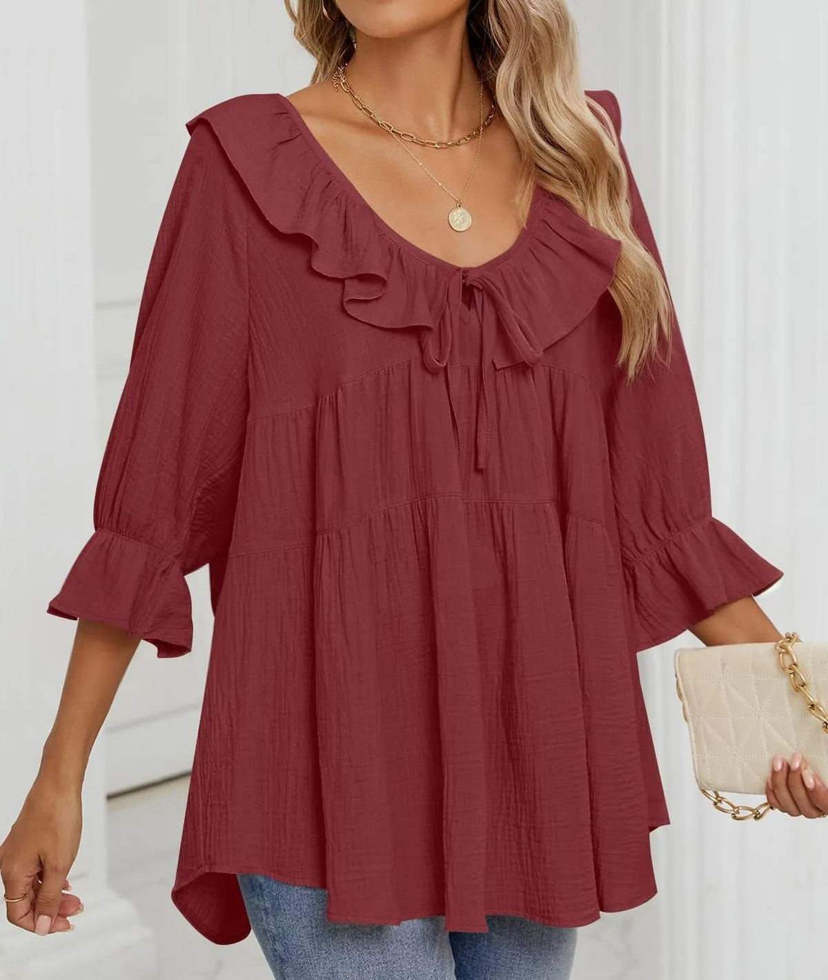 Women's 3/4 Sleeve Tie-Front Ruffled Babydoll Blouse