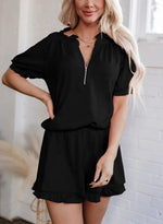 Women's Casual Half-zip Top and Ruffle Shorts Set