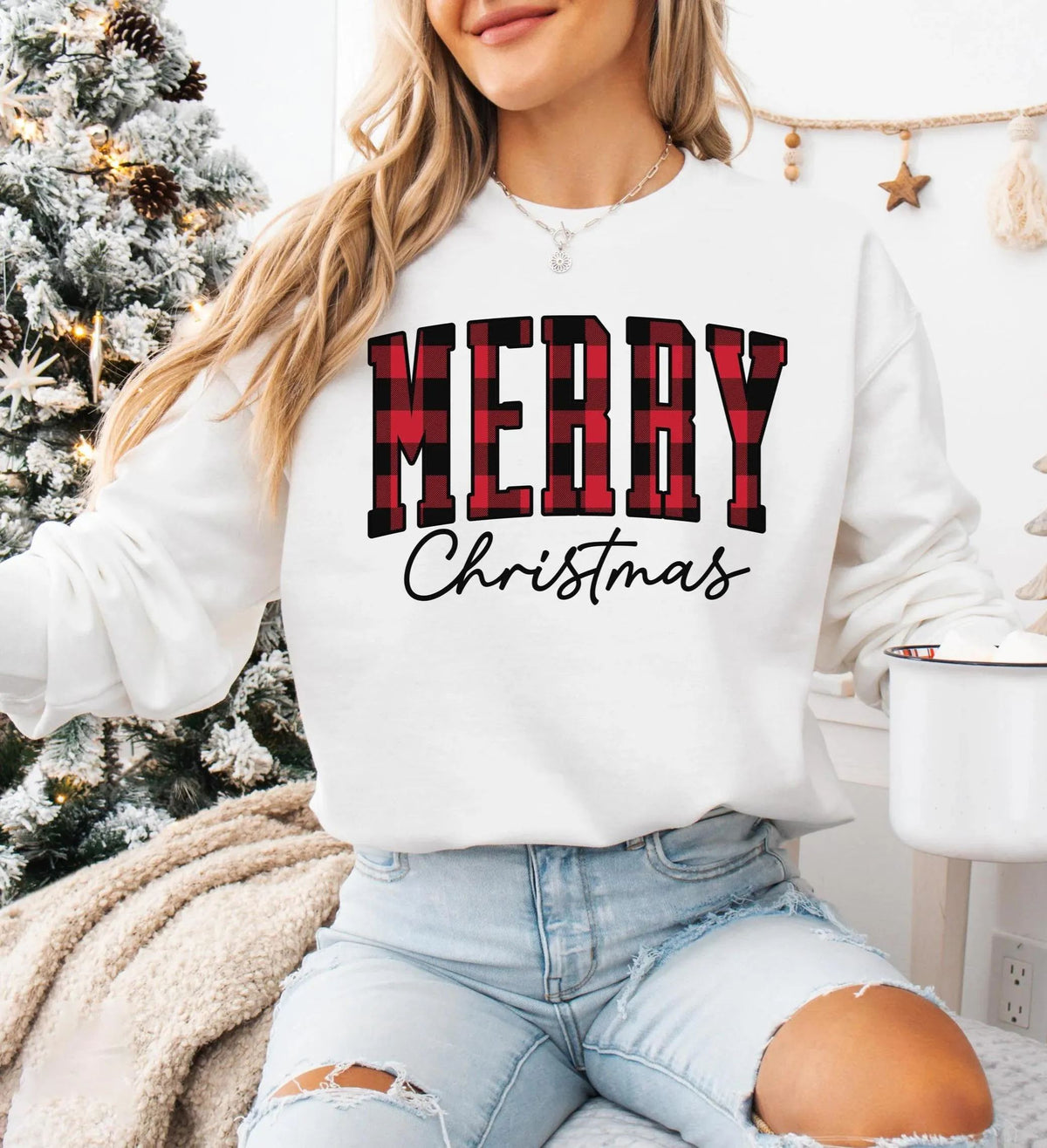 "Merry Christmas" Plaid Graphic Sweatshirt