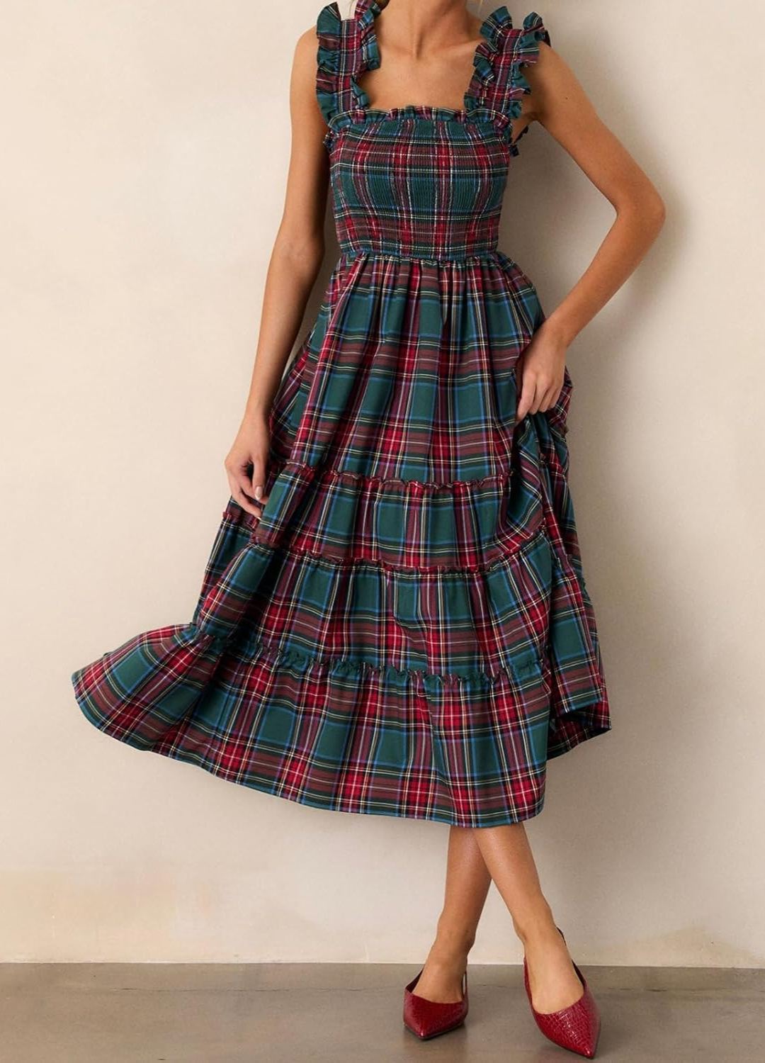 Women's Sleeveless Plaid Ruffle A-Line Dress