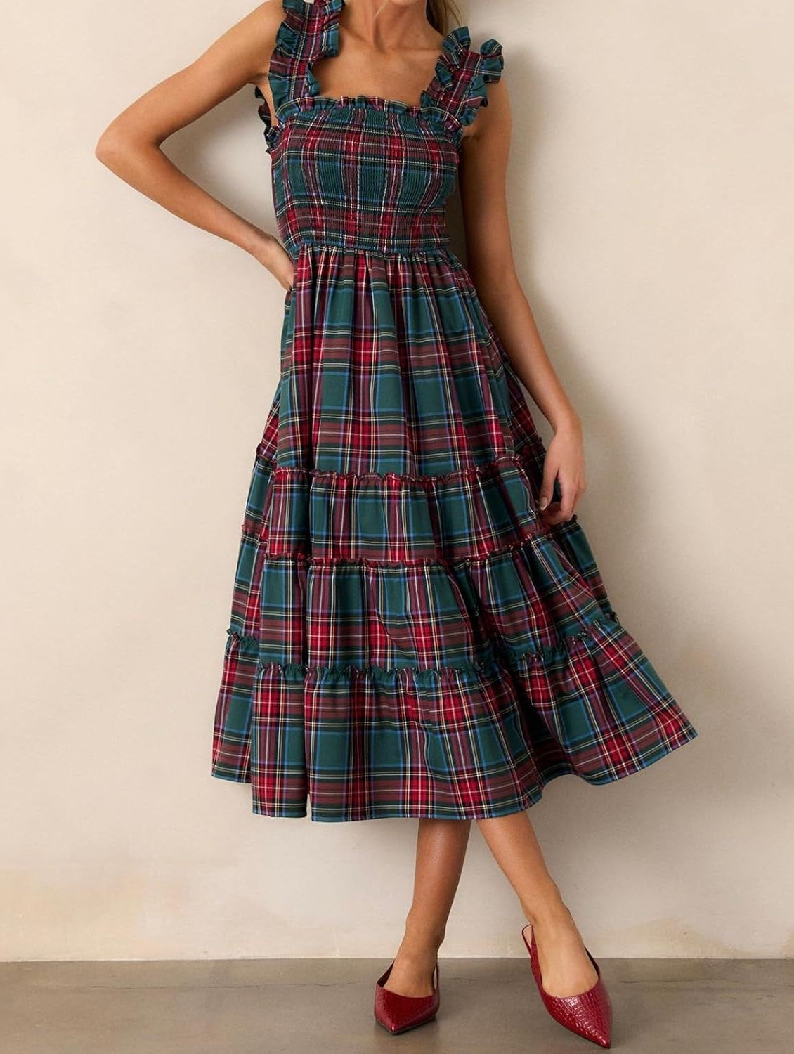 Women's Sleeveless Plaid Ruffle A-Line Dress