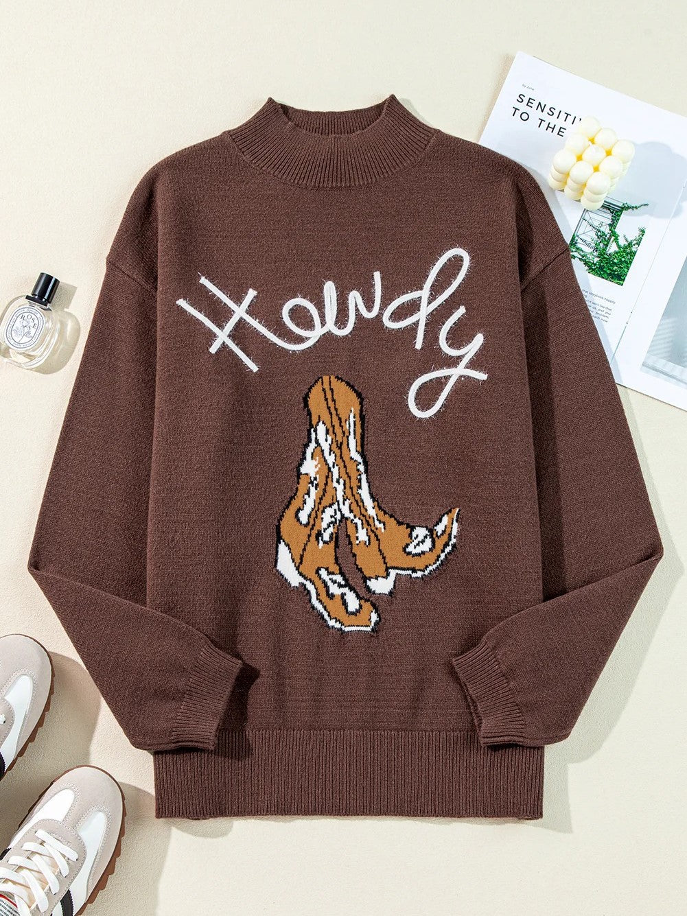 Western Howdy Boot Graphic High Neck Sweater