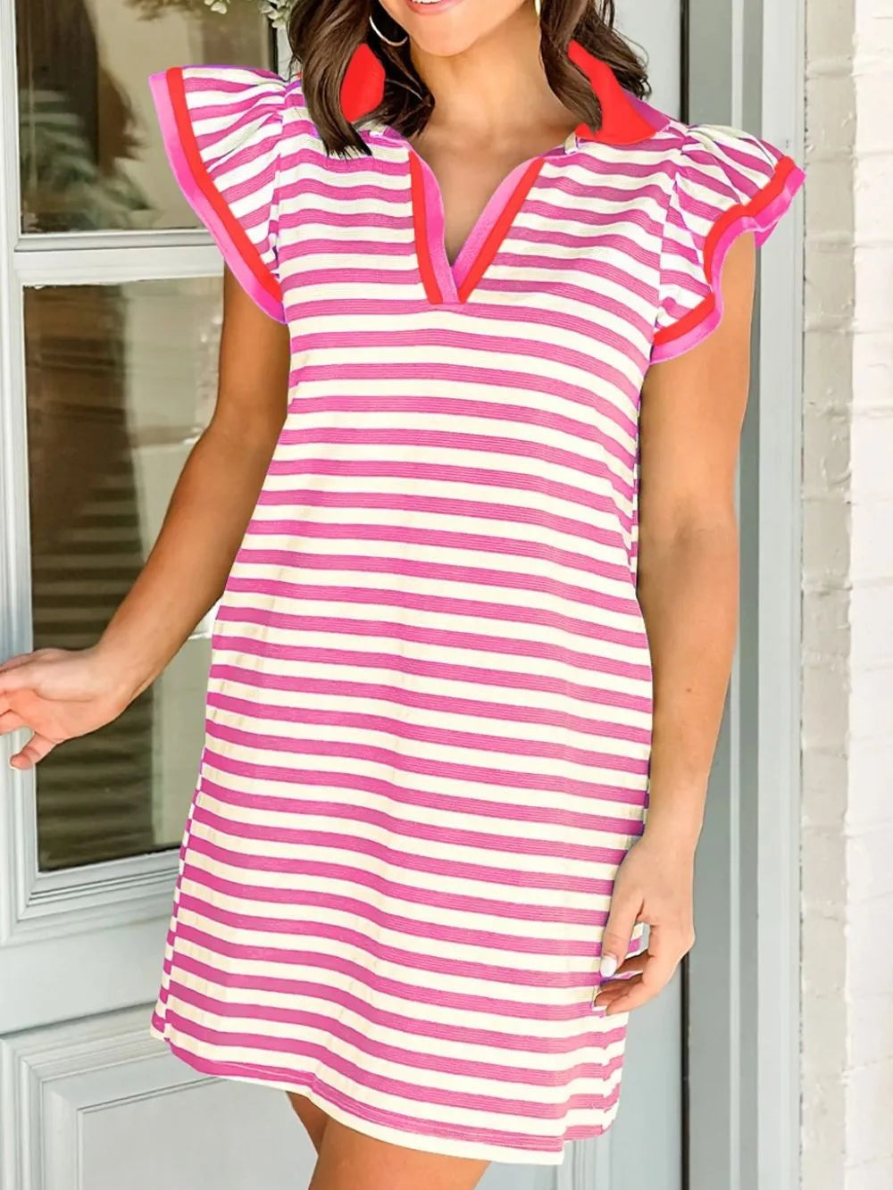 Women's Stripe V-Neck Polo Mini Dress