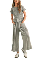 Women's Ruched Ruffle Top & Wide-Leg Pants Two-Piece Set