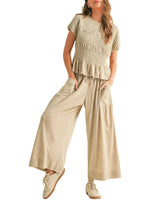Women's Ruched Ruffle Top & Wide-Leg Pants Two-Piece Set