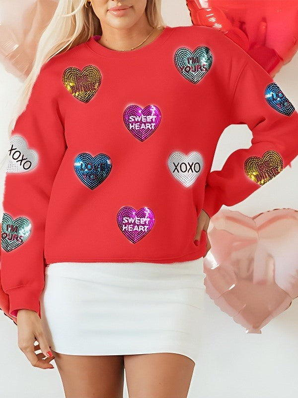 Valentine's Day Sequin Heart Round Neck Long Sleeve Sweatshirt