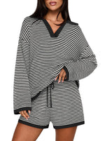 Women's Spring Striped Color-Block Lapel Two-Piece Set