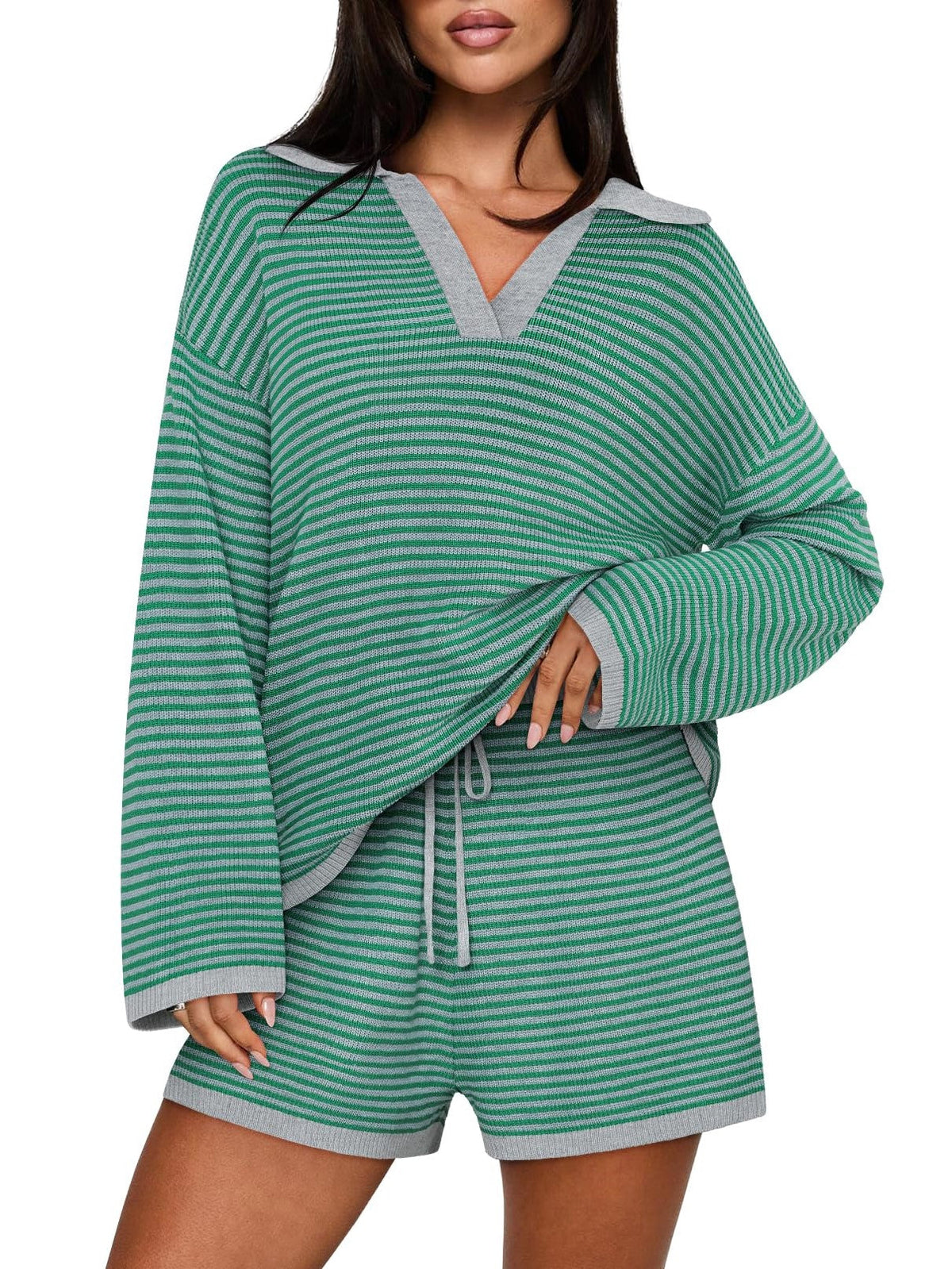 Women's Spring Striped Color-Block Lapel Two-Piece Set