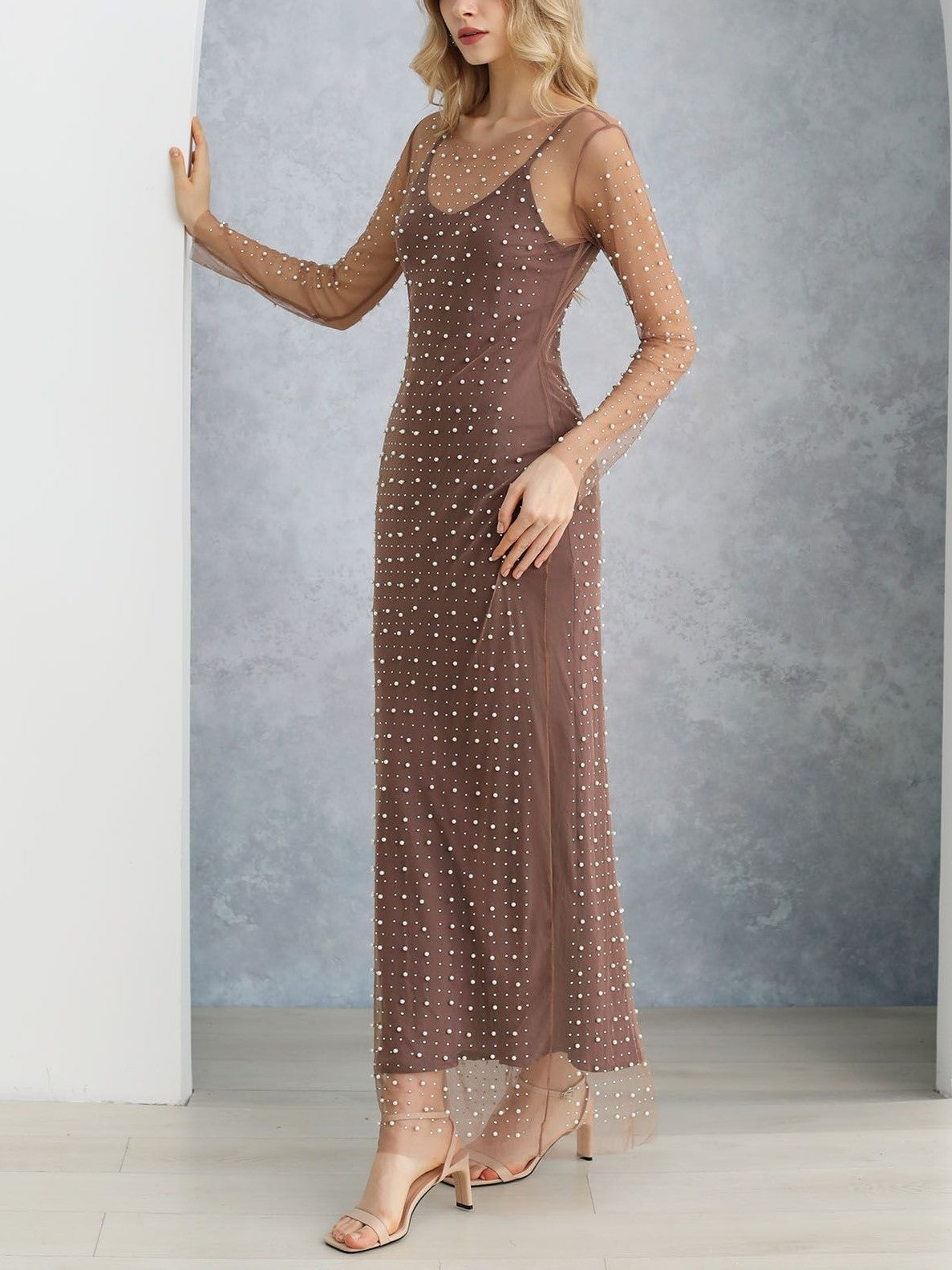 Full Pearl Sheer Mesh Cover-Up Maxi Dress