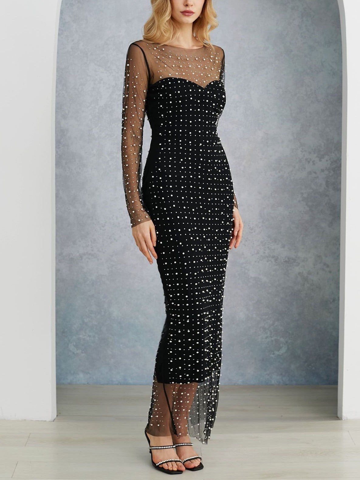 Full Pearl Sheer Mesh Cover-Up Maxi Dress