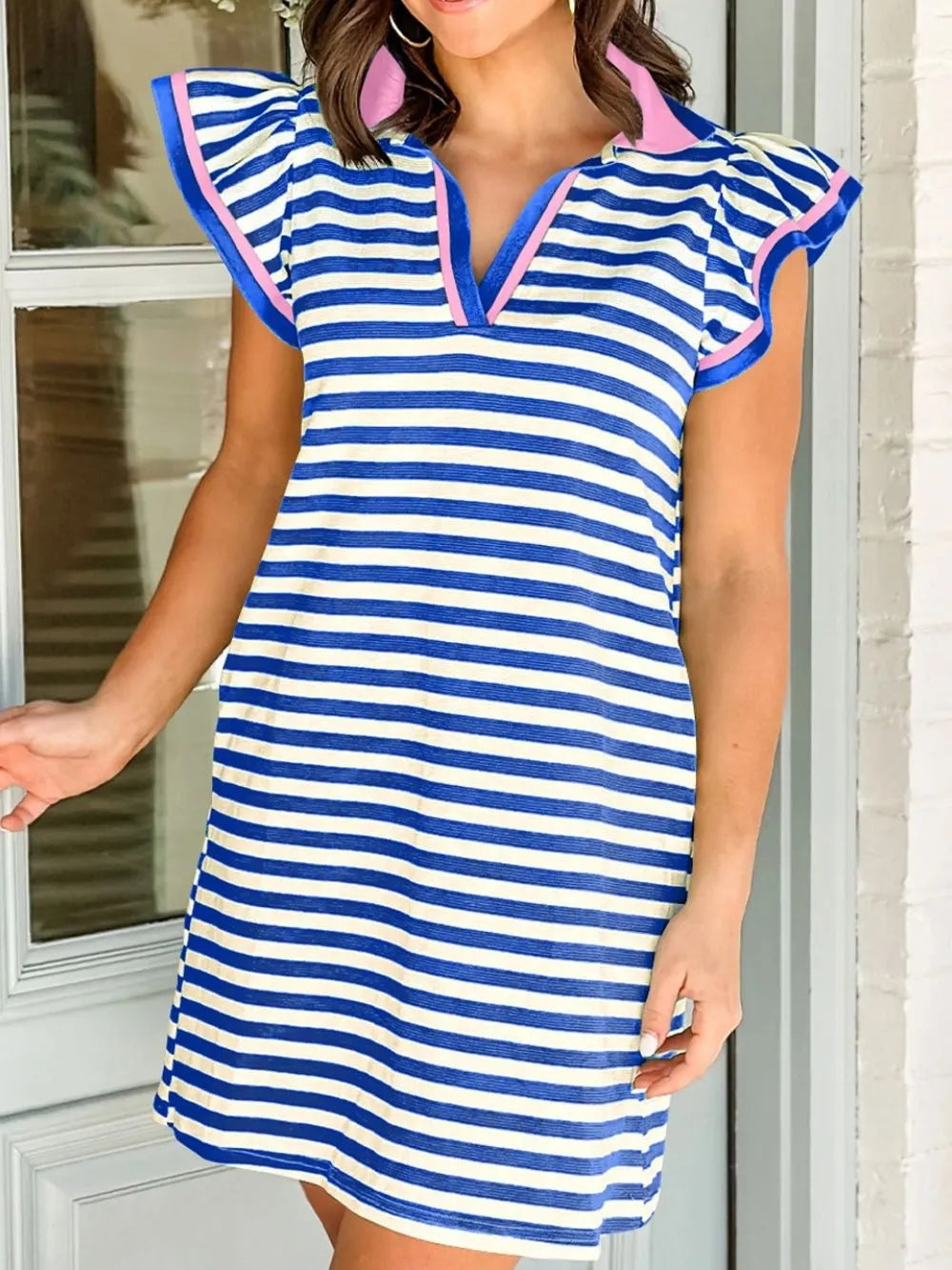 Women's Stripe V-Neck Polo Mini Dress