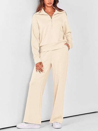 Women's Lapel Half Zip Sweatshirts And Wide Leg Pants Tracksuit Sets