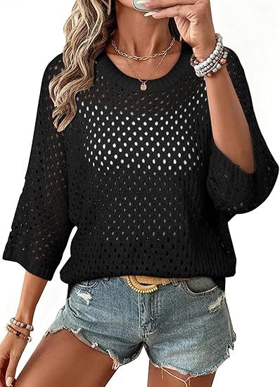 Women's Crochet 3/4 Length Sleeve Shirts