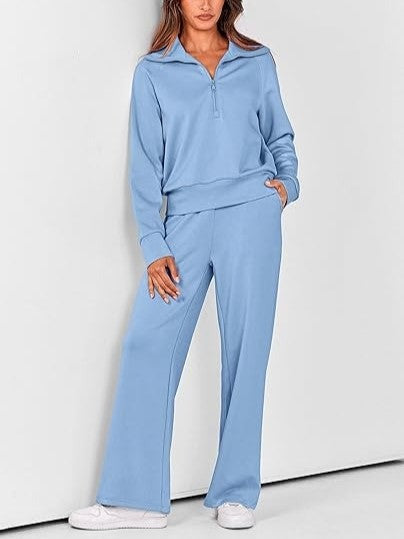 Women's Lapel Half Zip Sweatshirts And Wide Leg Pants Tracksuit Sets