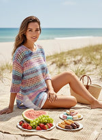 Women's 3/4 Sleeve Hollow Out Color Block Striped Tops
