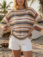 Women's 3/4 Sleeve Hollow Out Color Block Striped Tops