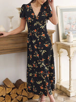 The Black V Neck Floral Short Sleeve Maxi Dress