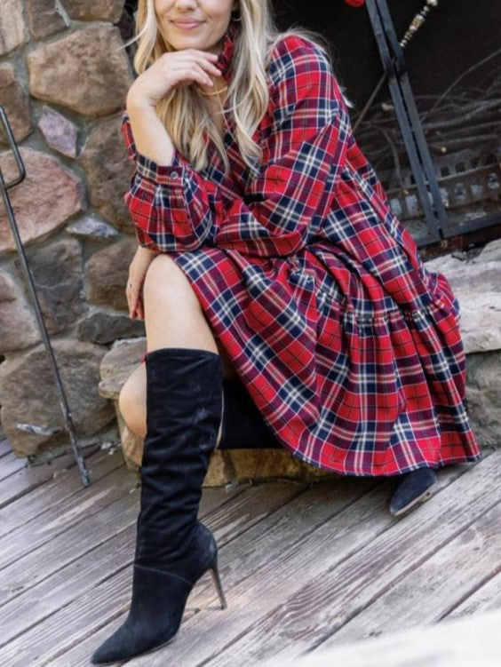 Women's Plaid Print Frilly Collar Long Sleeve Mini Dress