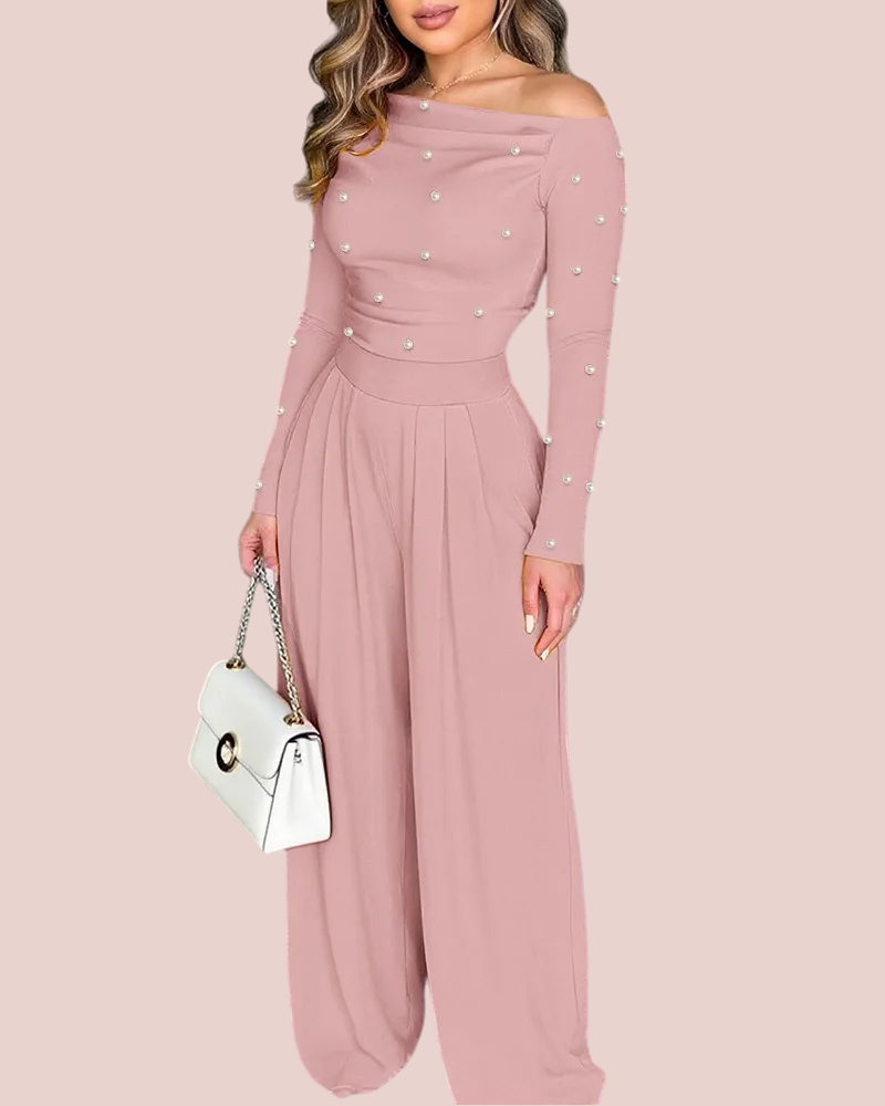 Women's Chic Off-Shoulder Jumpsuit With Pearls