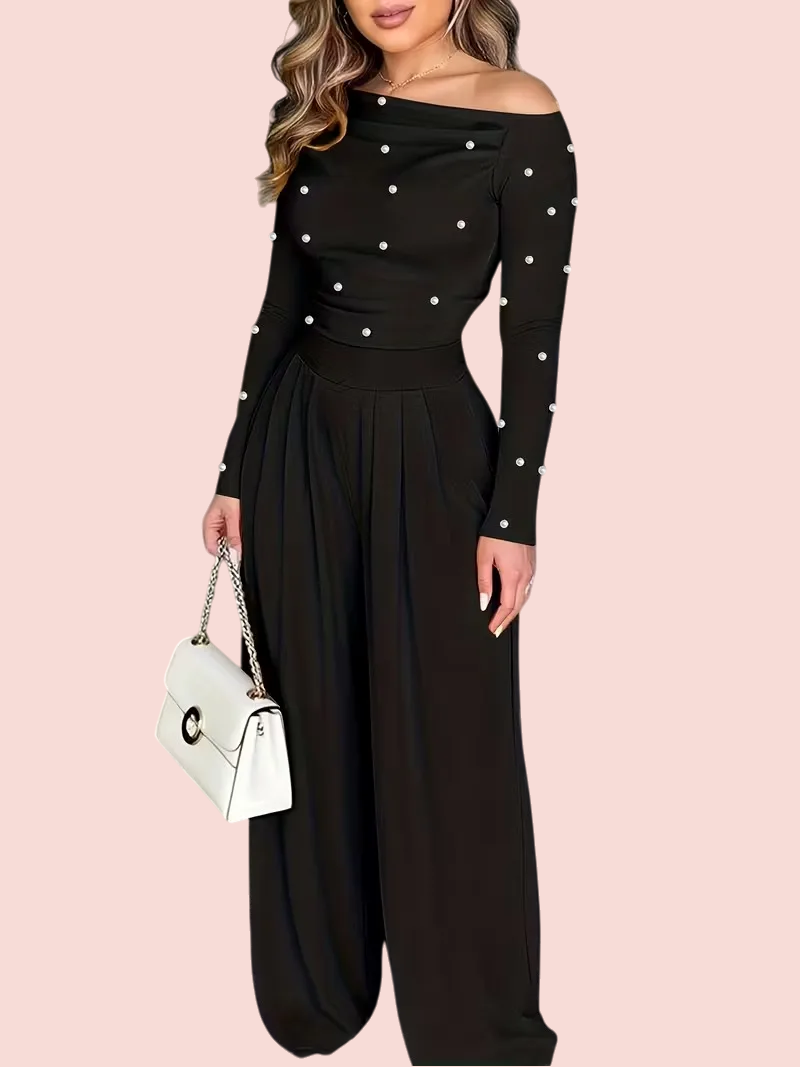 Women's Chic Off-Shoulder Jumpsuit With Pearls