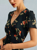 The Black V Neck Floral Short Sleeve Maxi Dress