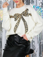 Women's Leopard Sequin Bow Sweater