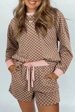 Women's Checkerboard Long Sleeve Pullover and Shorts Set