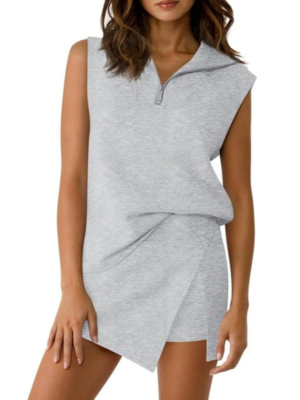 ?Women's Half-Zip Casual Skort Two-Piece Set