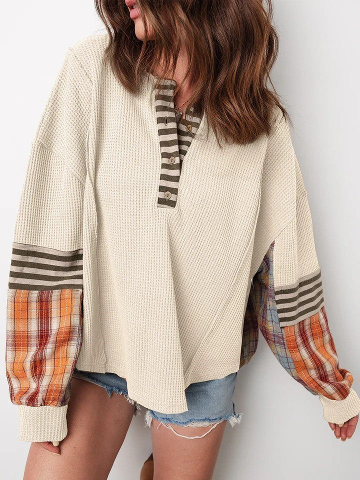 Women's Striped And Plaid Patchwork Top