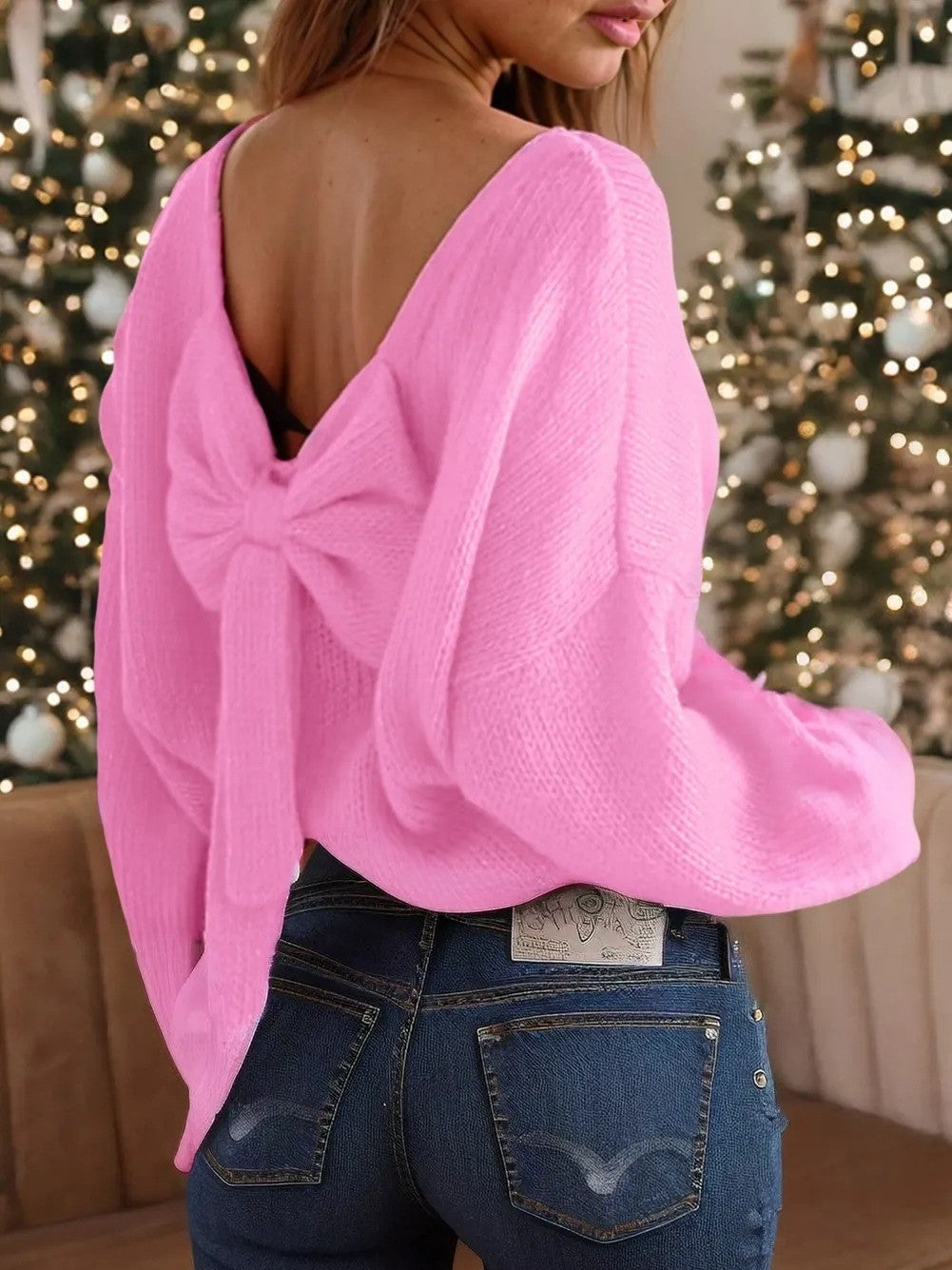 Women's V-Back Bow Detail Knit Sweater
