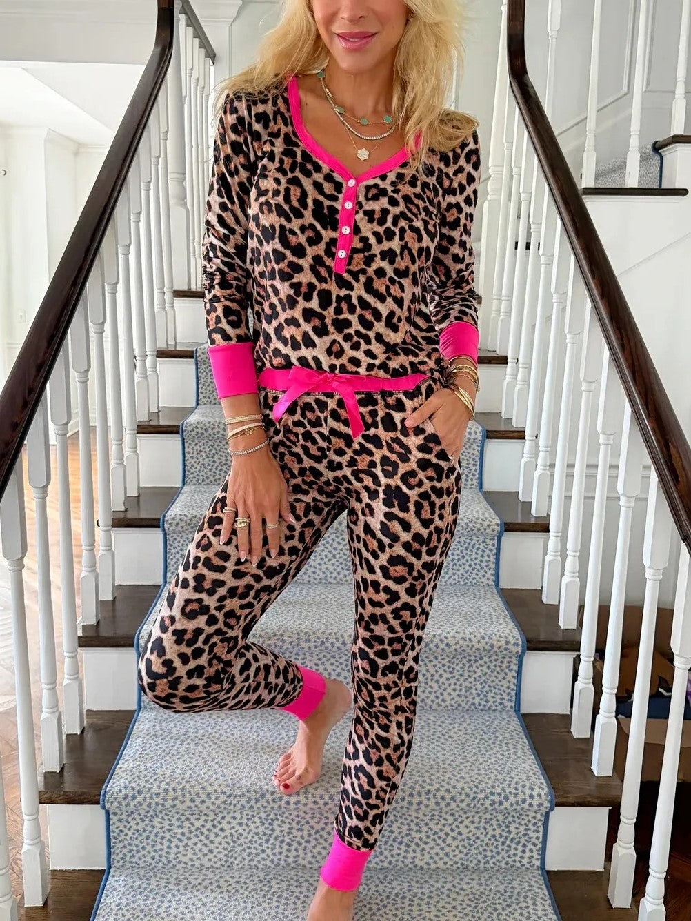 Women's Leopard Print Two Piece Pajama Set