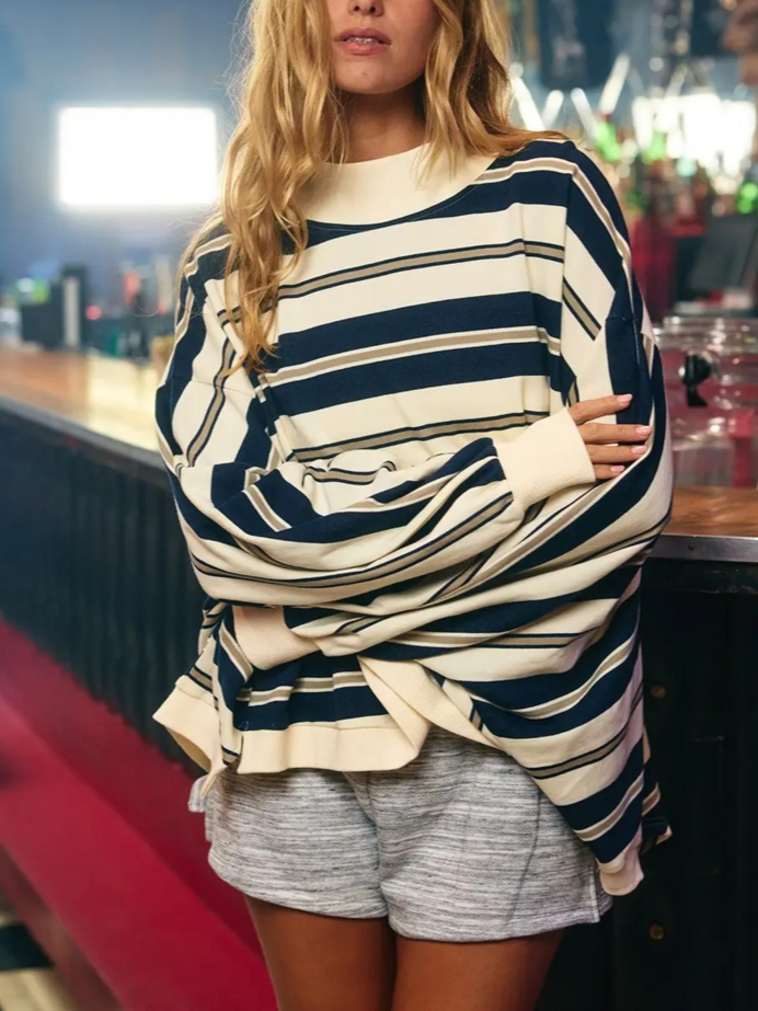 Women's Vintage Striped Batwing Sleeve Mock Neck Sweatshirt