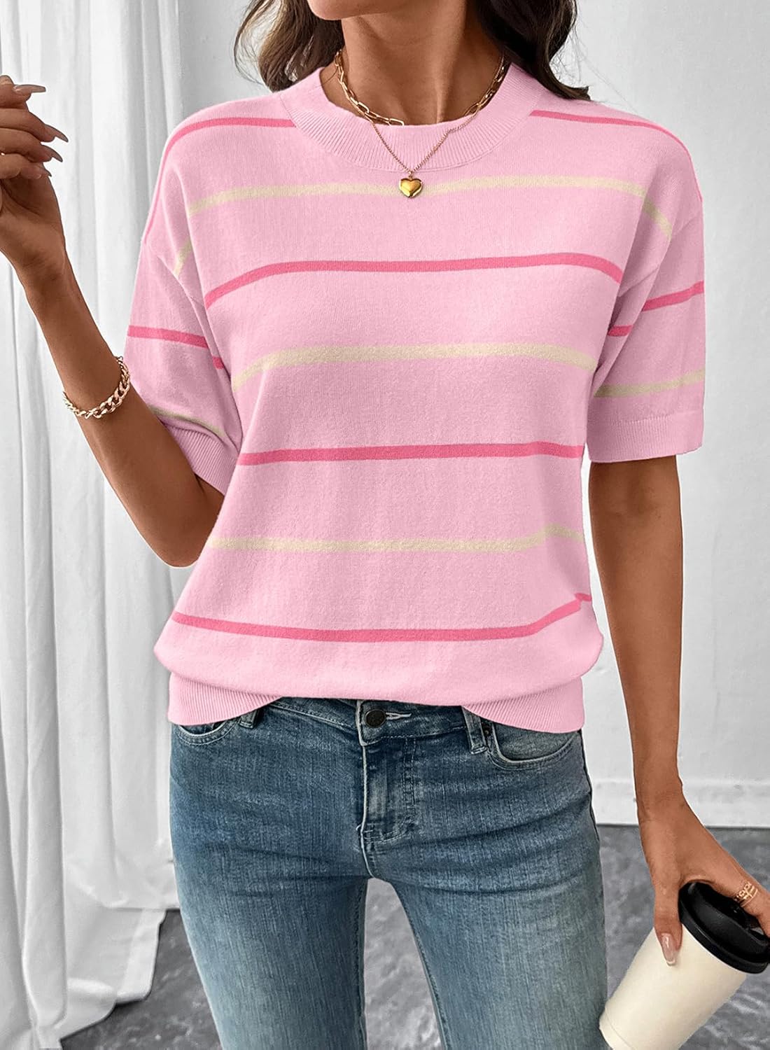 Women's Short Sleeve Knit Striped Top