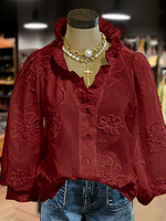 Women's Embroidered Flower Ruffle Neck Puff Sleeve Top
