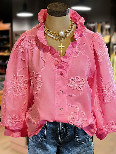 Women's Embroidered Flower Ruffle Neck Puff Sleeve Top