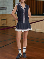 Women's Crochet Tank Tops Pleated Skirt Sets