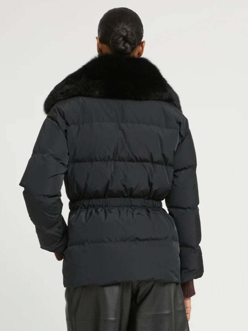 Women's Belted Jacket With Detachable Fox Fur Collar