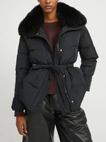 Women's Belted Jacket With Detachable Fox Fur Collar