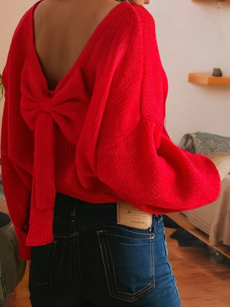 Women's V-Back Bow Detail Knit Sweater