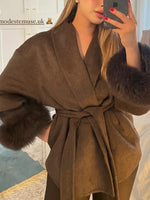 Women's Elegant Wrap Fur Trim Coat