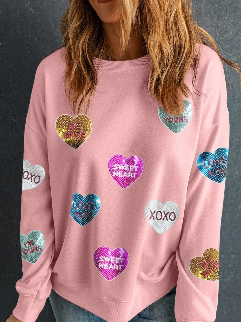 Valentine's Day Sequin Heart Round Neck Long Sleeve Sweatshirt