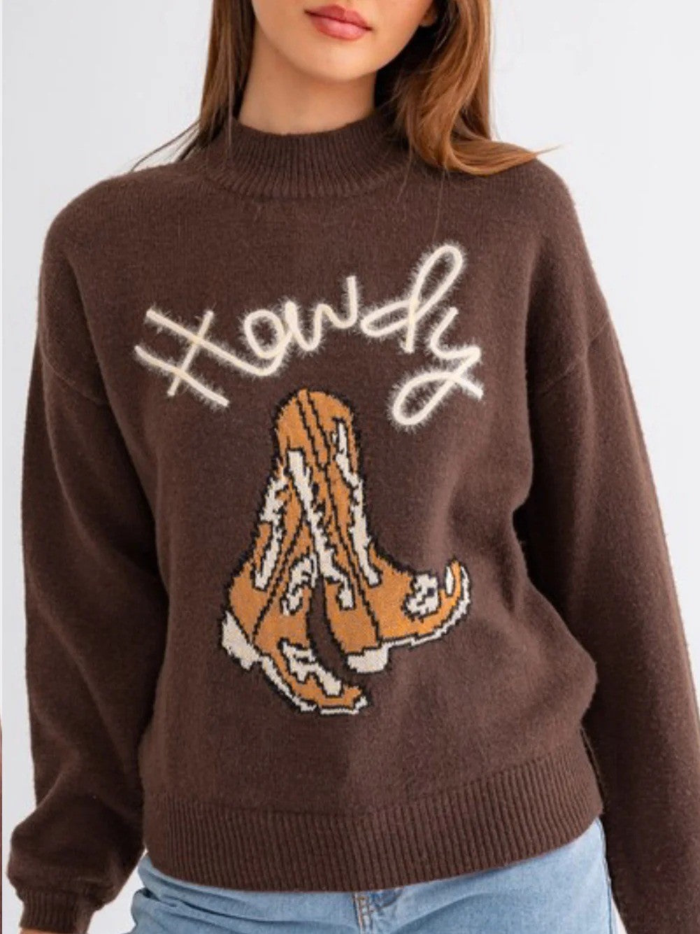 Western Howdy Boot Graphic High Neck Sweater
