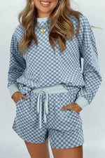 Women's Checkerboard Long Sleeve Pullover and Shorts Set