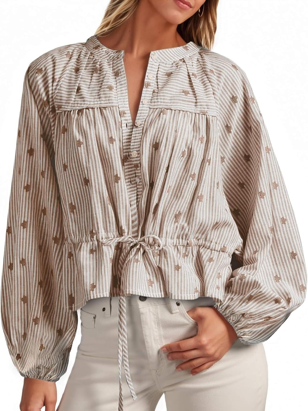 Women's Balloon Sleeve Tie-Waist Striped Top