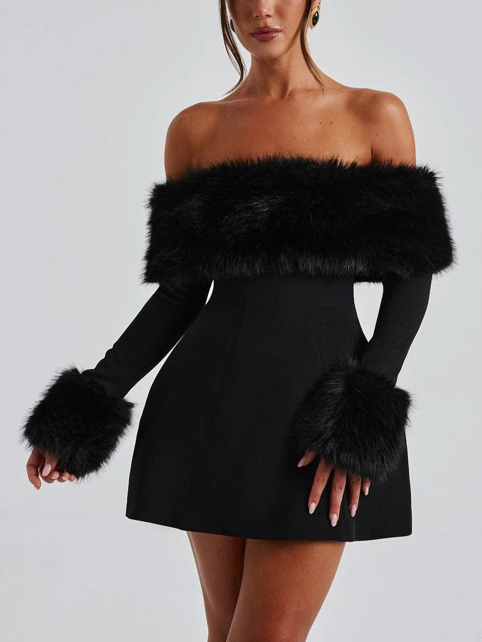 Women's Off Shoulder Fur Trim A Line Mini Dress